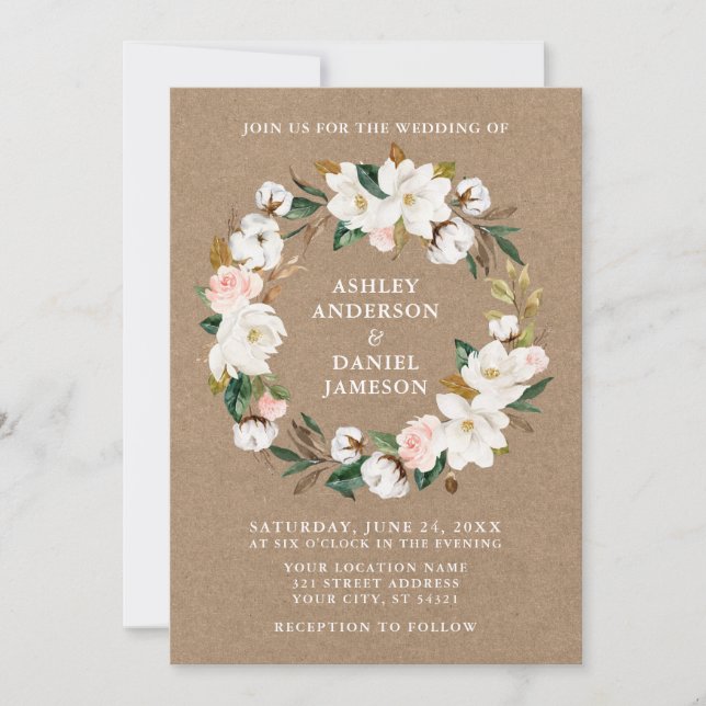 Invitación Acuarela Rosa Blanco Magnolias Wreath Kraft (Anverso)