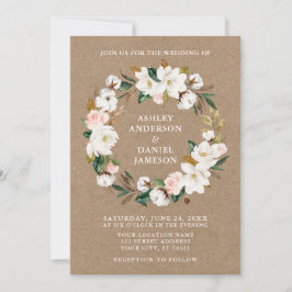 Invitación Acuarela Rosa Blanco Magnolias Wreath Kraft
