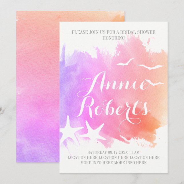Invitación acuarela rosa, boda de pez estrella ducha de novia (Anverso / Reverso)