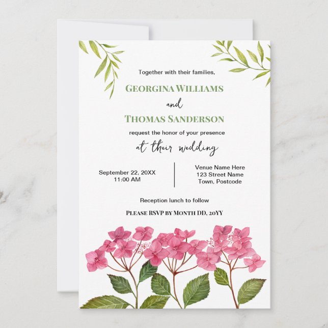 Invitación Acuarela Rosa boda Hydrangea Lacecaps (Anverso)