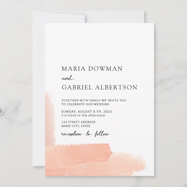 Invitación acuarela rosa. Boda moderno y delicado (Anverso)