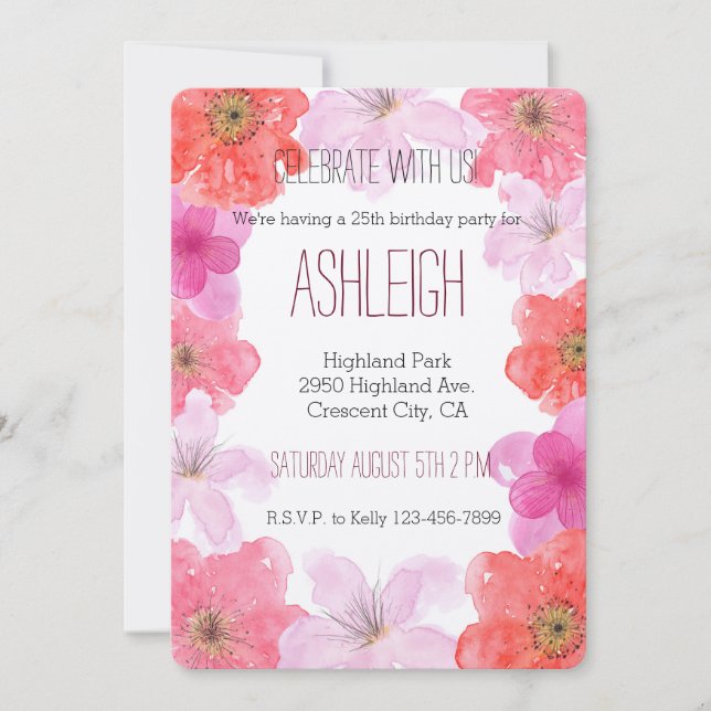 Invitación Acuarela rosa Bonito Cumpleaños floral (Anverso)
