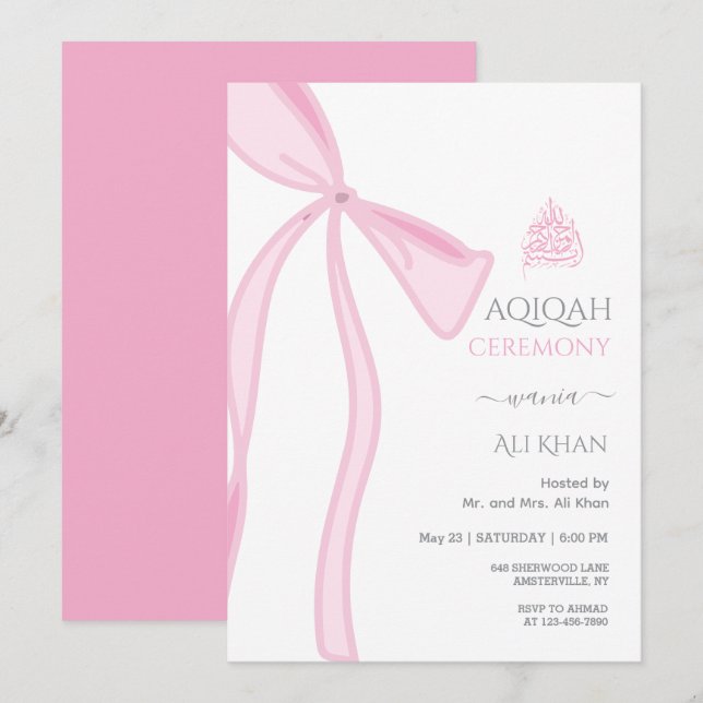 Invitación Acuarela Rosa Bow Bow Bebé Aqiqah (Anverso / Reverso)