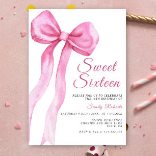 Invitación Acuarela Rosa Bow Sweet 16 Cumpleaños