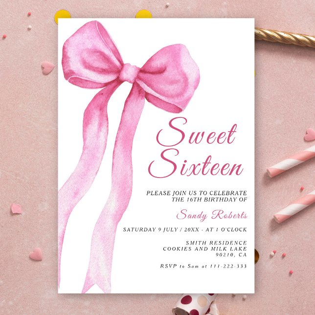 Invitación Acuarela Rosa Bow Sweet 16 Cumpleaños (Subido por el creador)