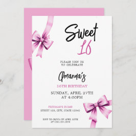 Invitación Acuarela Rosa Bows Coquette Sweet 16 Cumpleaños
