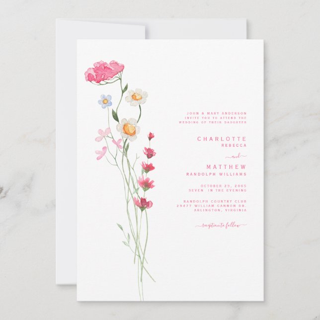 Invitación Acuarela rosa caliente Boda de flores silvestres I (Anverso)