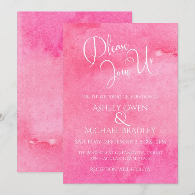 Invitación Acuarela rosa caliente Boda de tipografía elegante (Anverso / Reverso)