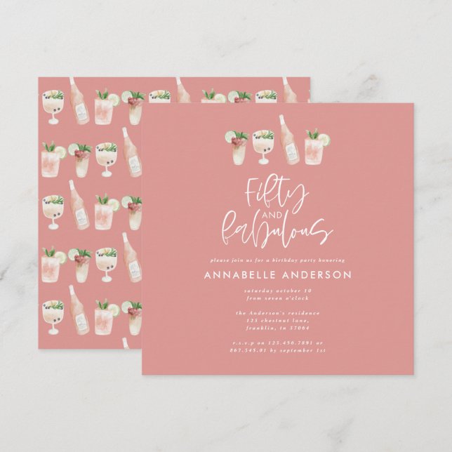 Invitación Acuarela rosa cincelada 50 e imponente cumpleaños (Anverso / Reverso)