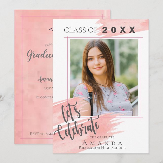 Invitación Acuarela rosa | Clase De 2025 | Graduación de la f (Anverso / Reverso)