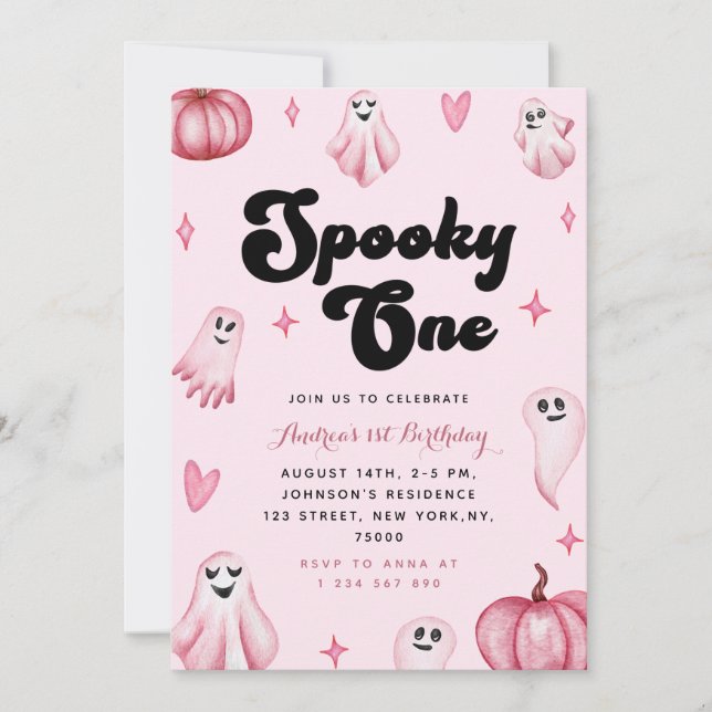 Invitación Acuarela Rosa Cute Ghost Spooky Un Primer Cumpleañ (Anverso)