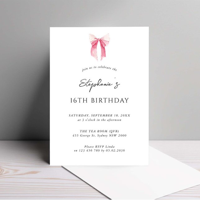 Invitación Acuarela Rosa Dainty Bow 16 cumpleaños (Subido por el creador)