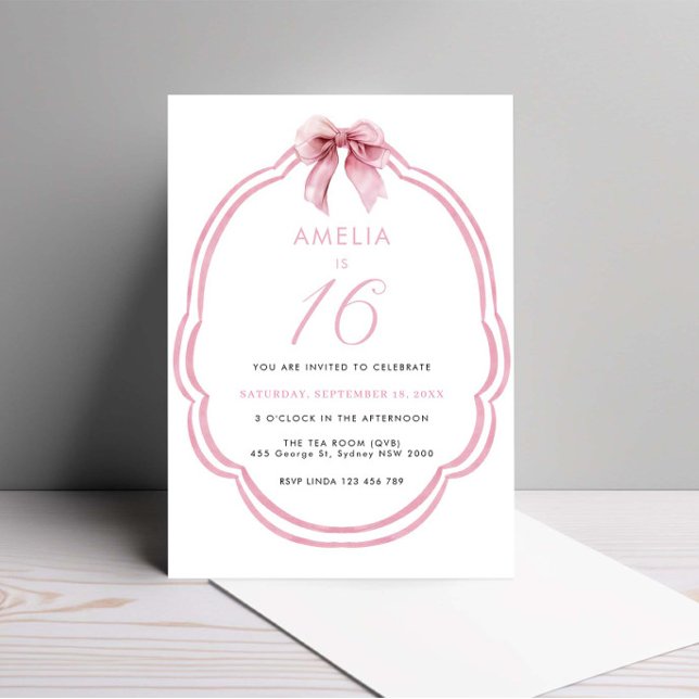 Invitación Acuarela Rosa Dainty Bow 16 cumpleaños (Subido por el creador)