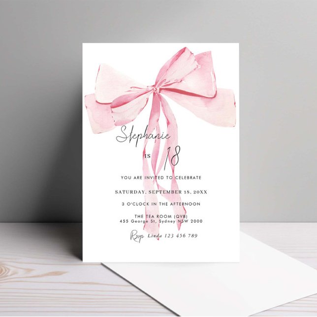 Invitación Acuarela Rosa Dainty Bow 18 cumpleaños (Subido por el creador)