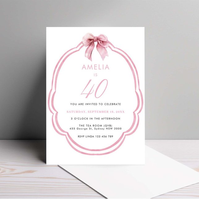 Invitación Acuarela Rosa Dainty Bow 40 cumpleaños (Subido por el creador)