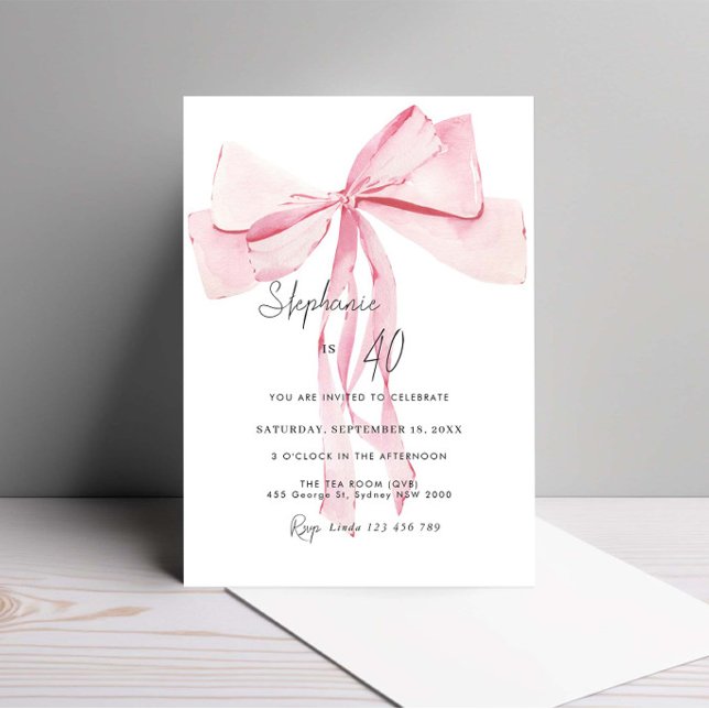Invitación Acuarela Rosa Dainty Bow 40 cumpleaños (Subido por el creador)