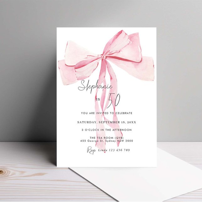 Invitación Acuarela Rosa Dainty Bow 50 cumpleaños (Subido por el creador)