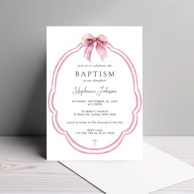Invitación Acuarela Rosa Dainty Bow Ribbon Bautismo (Subido por el creador)