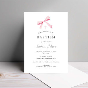 Invitación Acuarela Rosa Dainty Bow Ribbon Bautismo
