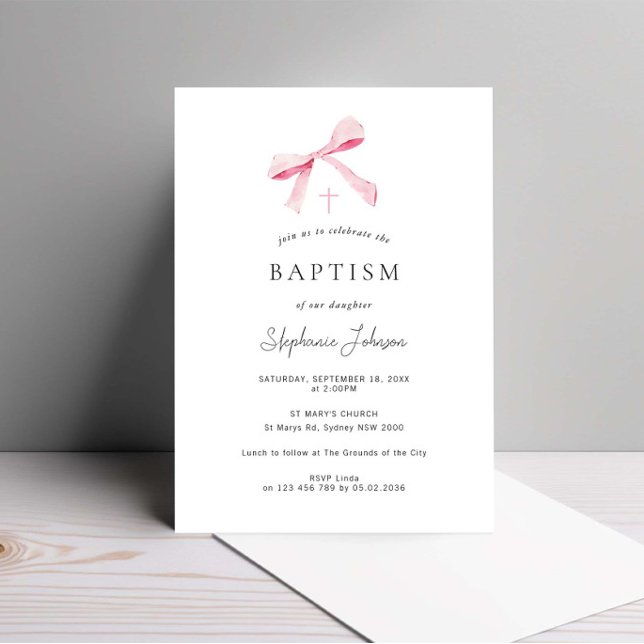 Invitación Acuarela Rosa Dainty Bow Ribbon Bautismo (Subido por el creador)