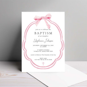 Invitación Acuarela Rosa Dainty Bow Ribbon Bautismo