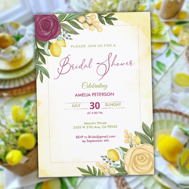 Invitación Acuarela Rosa de Borgoña y ducha de novia con limó (Watercolor Burgundy Rose & lemon bridal shower Invitation)