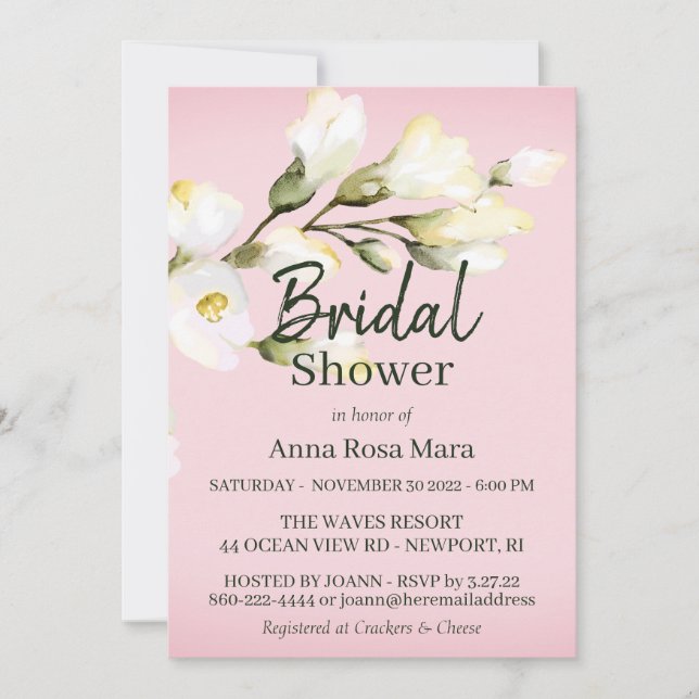 Invitación *~* Acuarela Rosa de playa blanca, ducha nupcial (Anverso)
