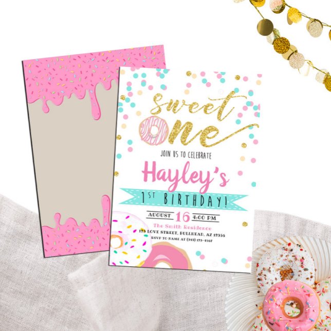 Invitación Acuarela rosa dorada Donut Sweet One First Birthda (Subido por el creador)