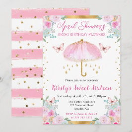 Invitación Acuarela Rosa Dorado Primavera Paraguas Dulces Die
