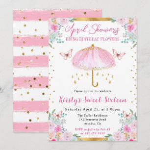 Invitación Acuarela Rosa Dorado Primavera Paraguas Dulces Die