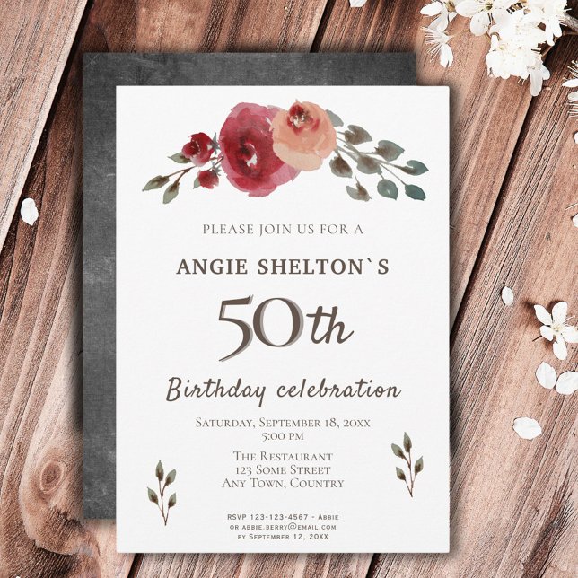 Invitación Acuarela Rosa Flor Floral 50 cumpleaños (Subido por el creador)
