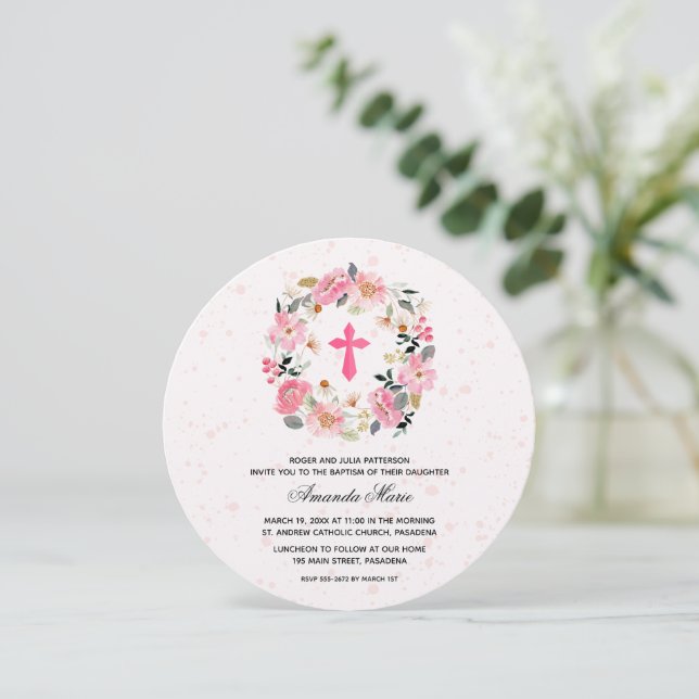 Invitación Acuarela Rosa Floral Bautizo Redondo (Anverso de pie)