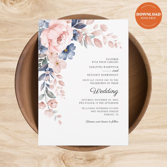 Invitación Acuarela rosa floral Boda botánico (Blush Pink Floral Watercolor Script Wedding Invitation)
