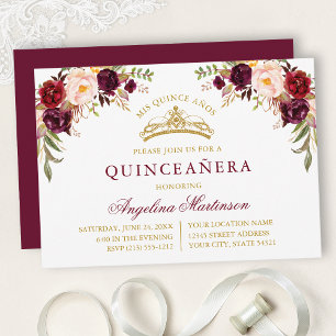 Invitación Acuarela Rosa Floral Burgundy Quinceanera Dorada
