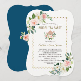 Invitación Acuarela Rosa Floral Dorado Azul Marino Despedida