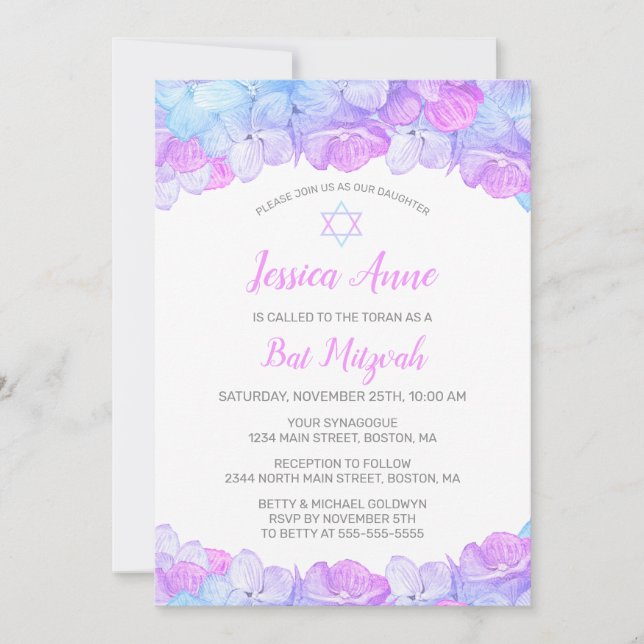 Invitación Acuarela Rosa Floral Hydrangea Bat Mitzvah (Anverso)
