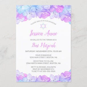 Invitación Acuarela Rosa Floral Hydrangea Bat Mitzvah