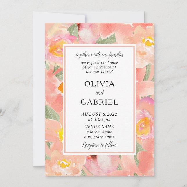 Invitación Acuarela rosa jardin Flores boda de moda moderna (Anverso)