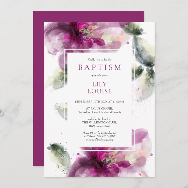 Invitación Acuarela Rosa Lily Floral Baptism Christening (Anverso / Reverso)