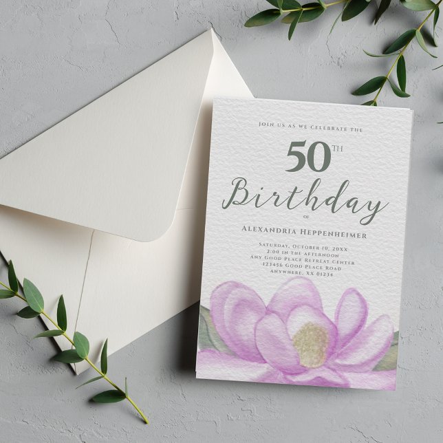 Invitación Acuarela Rosa Magnolia 50 cumpleaños (Watercolor Pink Magnolia 50th Birthday Invitation)