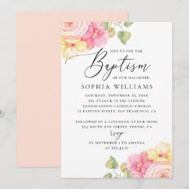 Invitación Acuarela rosa melocotón elegante bautizo floral