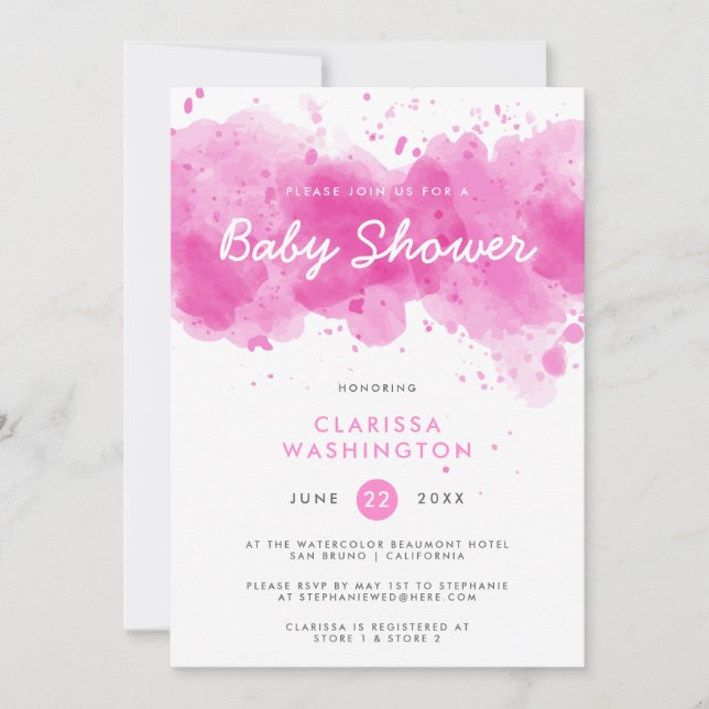 Invitación Acuarela rosa moderna | Baby Shower de tipografía (Anverso)