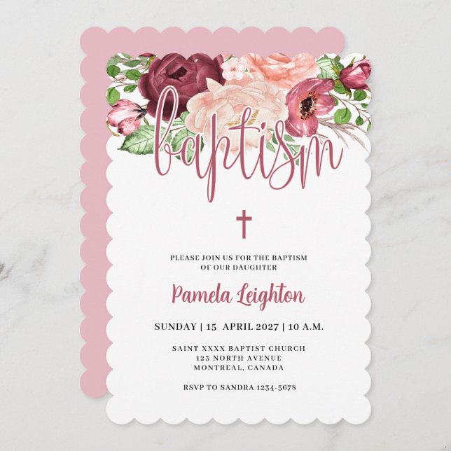 Invitación Acuarela Rosa Morado Chica Floral Baptismo Invita (Anverso / Reverso)