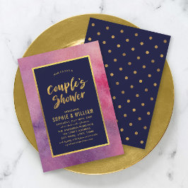Invitación Acuarela rosa morado y ducha de la pareja de oro f