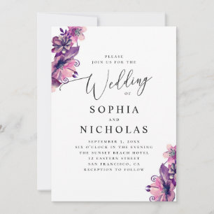 Invitación Acuarela rosa púrpura floral escritura boda