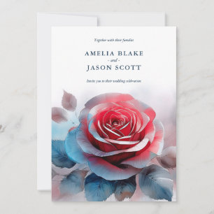 Invitación Acuarela Rosa Roja Grande Tonos Azulados Boda