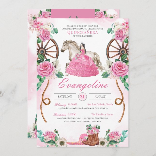 Invitación Acuarela rosa rosa Charro Occidental Quinceanera (Anverso / Reverso)