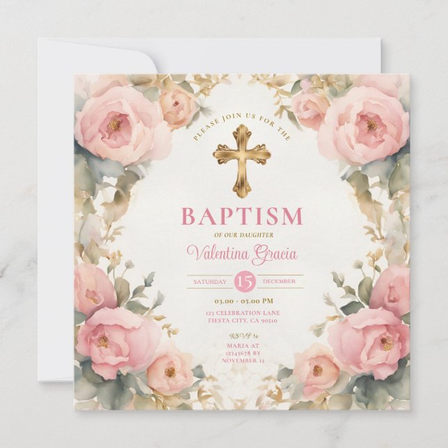 Invitación Acuarela Rosa Rosa Chica Baptismo Cruz Floral (Anverso)