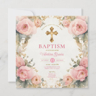 Invitación Acuarela Rosa Rosa Chica Baptismo Cruz Floral