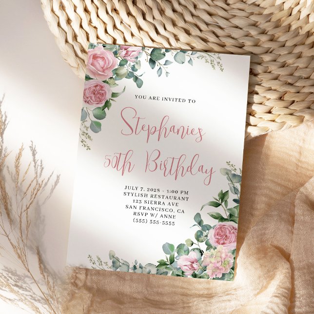 Invitación Acuarela Rosa Rosa Rosa Rosa Nacimiento Floral (Pretty watercolor pink roses birthday invite for her.)